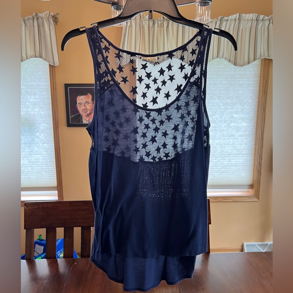 Blue mullet tank with sheer star detailed back